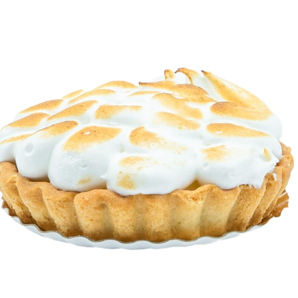 A golden-crusted lemon meringue tart with fluffy, toasted meringue peaks on a white background.