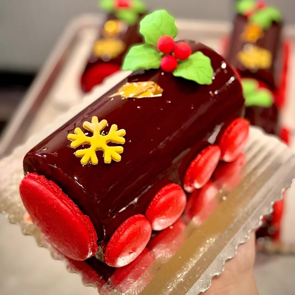 Chocolate Yule log cake decorated with red macarons, a yellow snowflake, and holly.