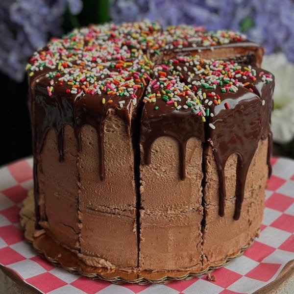 Chocolate cake with chocolate ganache and colorful sprinkles, sliced into servings on a checkered paper.